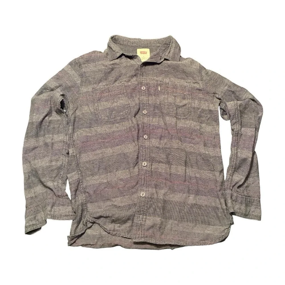 Levis Mens Medium Blue Red Striped Long Sleeve Button Up Shirt Workwear